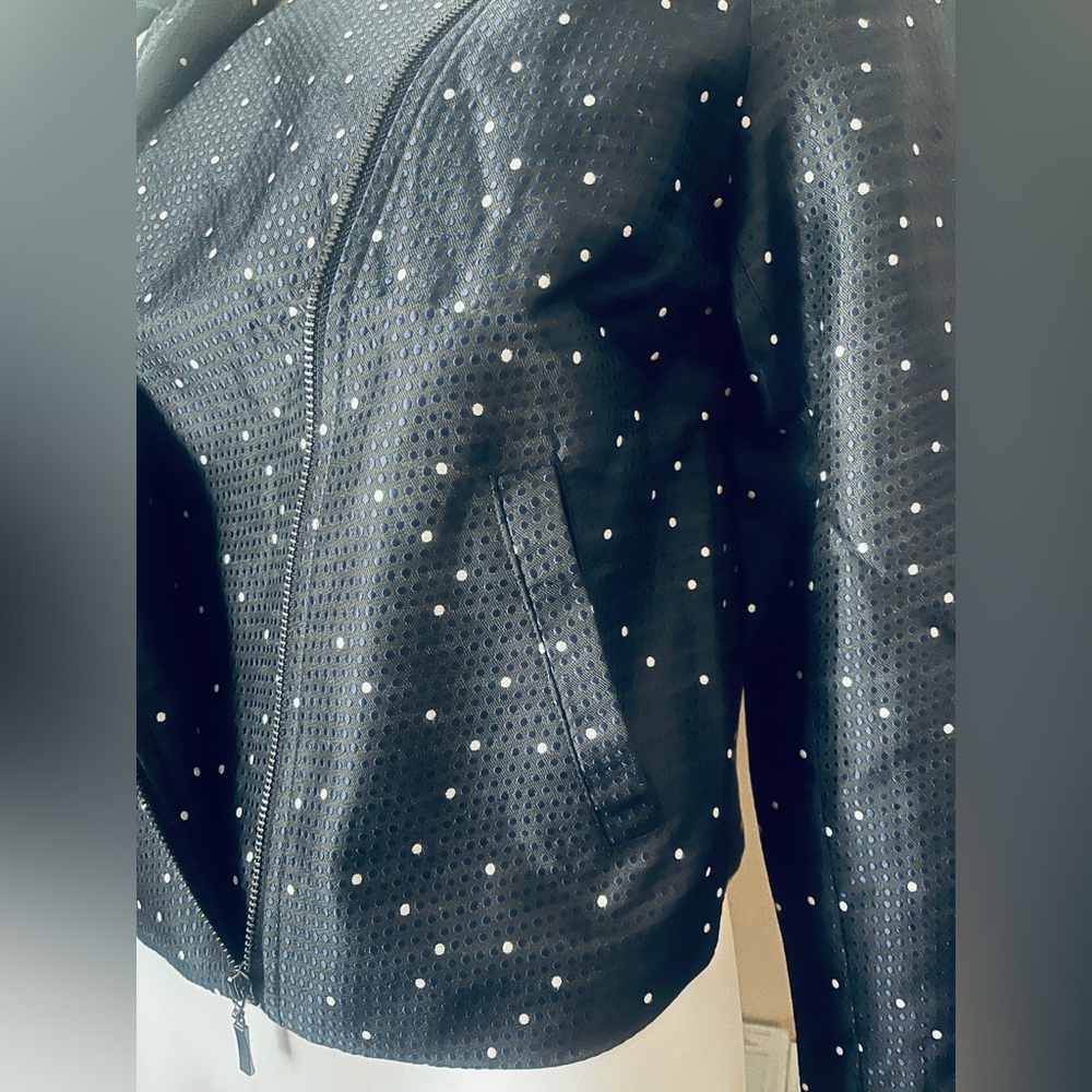 Navy/White Polka Dot Asymmetrical Zip, Perforated Detail Women's Jacket - Picture 5 of 6